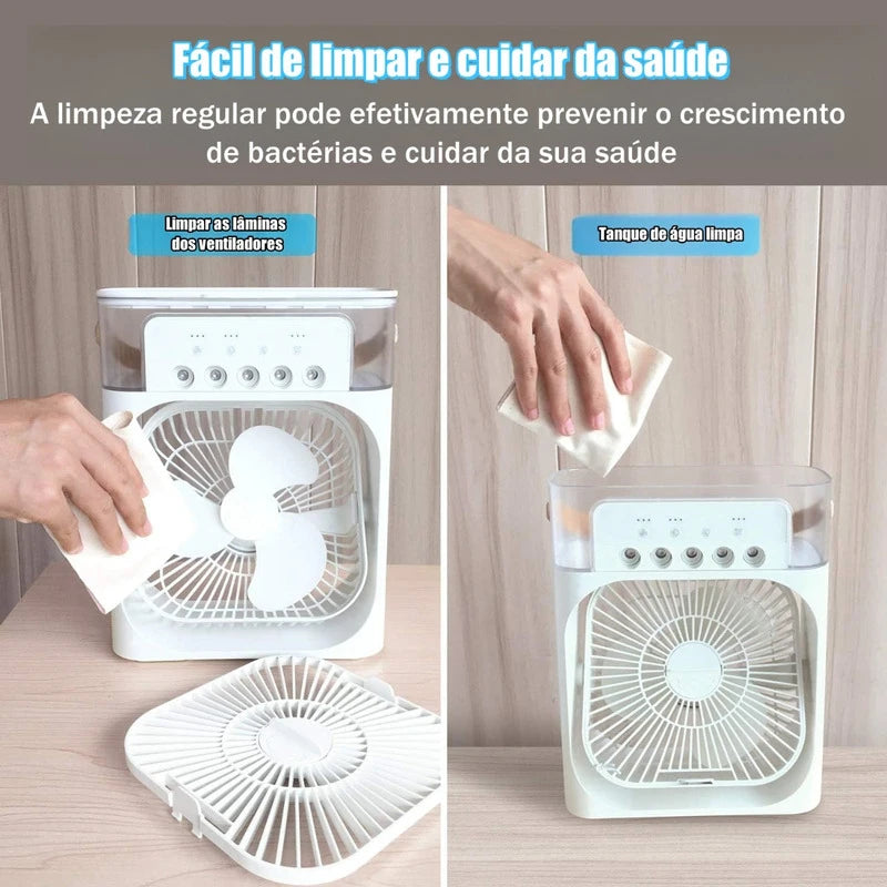 Mini Climatizador Portátil 3 em 1: Ventilador, Umidificador e Luz LED para Qualquer Ambiente"