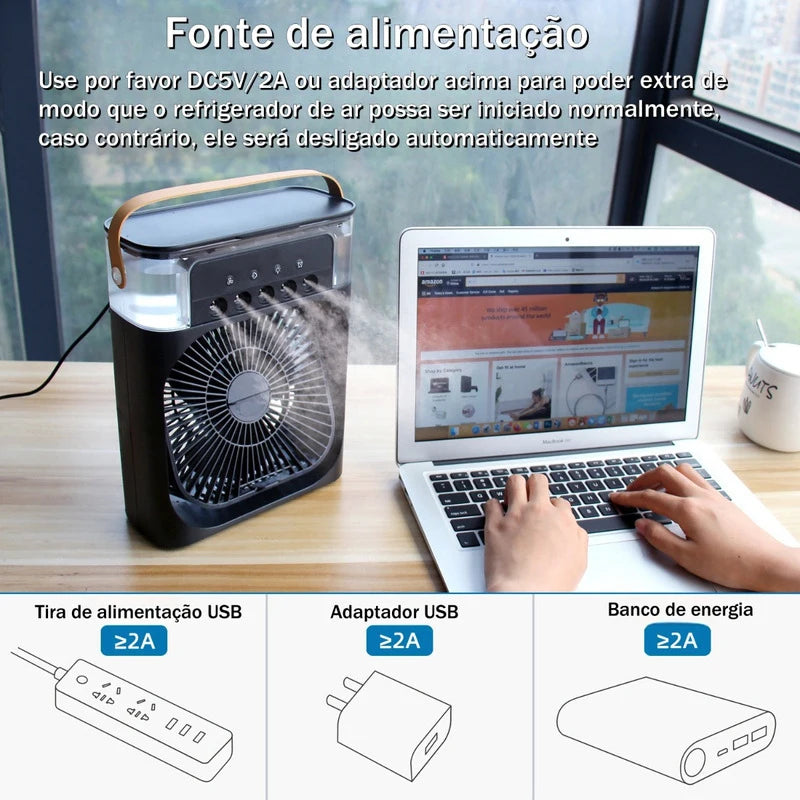 Mini Climatizador Portátil 3 em 1: Ventilador, Umidificador e Luz LED para Qualquer Ambiente"