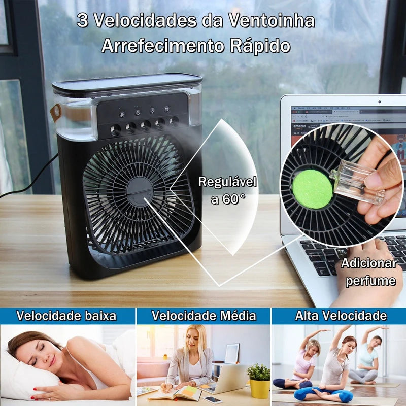 Mini Climatizador Portátil 3 em 1: Ventilador, Umidificador e Luz LED para Qualquer Ambiente"